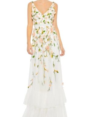Mac Duggal White Maxi Dress with Pink Floral Embroidery